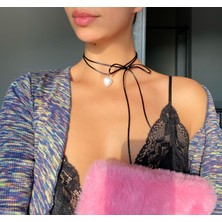 Pinky Lady Siyah Ipli Incili Kalp Choker Kolye