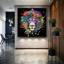 SML Tablo Boya Sıçramalarından Oluşan Aslan Kafası Illüstrasyon Kare Kanvas Tablo