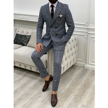 Lonatolia Erkek Ekoseli  Kruvaze Takım Elbise Italyan Kesim Slim Fit Ceket Pantolon-Antrasit