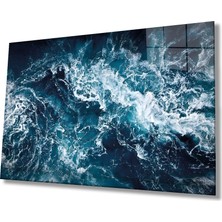 Bay Çağrı Mavi Deniz Dalgası Soyut Cam Tablo, Ev ve Ofis Duvar Dekoru, Hediyelik Büyük Temperli 4 mm Cam Tablo
