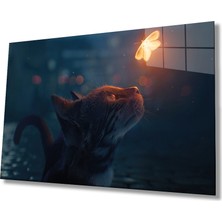 Bay Çağrı Kedi ve Kelebek Soyut Cam Tablo, Ev ve Ofis Duvar Dekoru, Hediyelik Büyük Temperli 4 mm Cam Tablo