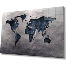 Bay Çağrı Gri Eskitme Dünya Haritası Cam Tablo, Ev ve Ofis Duvar Dekoru, Hediyelik Büyük Temperli Cam Tablo