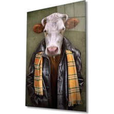 Bay Çağrı Insan Vücutlu Inek Hayvan Portresi Cam Tablo, Ev ve Ofis Duvar Dekoru, Hediyelik Büyük Cam Tablo