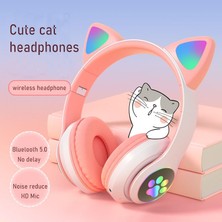 Jingyi Yanıp Sönen LED Sevimli Kedi Kulaklar Kulaklıklar Bluetooth Kablosuz Mikrofonlu Kulaklık Tf Fm Çocuk Kız Stereo Müzik Kulaklık Yavru Earphon Hediye (Yurt Dışından)