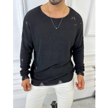 Elku Moda Kazak Naturel Örme Pamuk Tüylenmeyen Yırtık Detaylı Lazer Kesim Triko Kazak