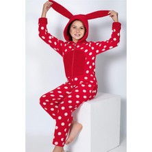 Pijama Evi Kırmızı Puan Desenli Kız Çocuk Polar Peluş Tulum Pijama