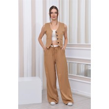 Nuseel Boxer Detaylı Salaş Pantolon & Yelek İkili Takım Vizon