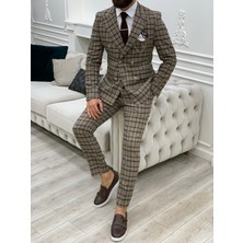 Lonatolia Erkek Ekoseli  Kruvaze Takım Elbise Italyan Kesim Slim Fit Ceket Pantolon