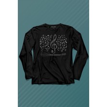 Kendim Seçtim Halk Müziği Bağlama Sol Anahtarı Müzik Notası Enstrüman Uzun Kollu Tişört Baskılı T-Shirt