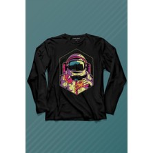 Kendim Seçtim Uzayda Yemek Donut Pizza Yiyen Astronot Cosmos Uzun Kollu Tişört Baskılı T-Shirt