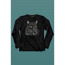 Kendim Seçtim Siyah Kedi Yeşil Gözlü Black Cat Çizim Uzun Kollu Tişört Baskılı T-Shirt
