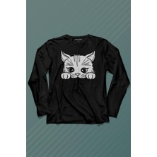 Kendim Seçtim Sevimli Kedi Minik Patili Bıyıklı Cat Minnoş Uzun Kollu Tişört Baskılı T-Shirt
