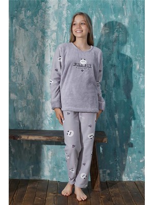 Pijama Evi Gri Wild But Desenli Kız Çocuk Peluş Pijama Takımı