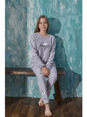 Pijama Evi Gri Wild But Desenli Kız Çocuk Peluş Pijama Takımı