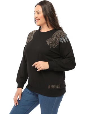 Ebsumu Kadın Büyük Beden Angels Taş Baskılı Siyah Sweatshirt