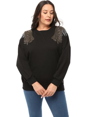 Ebsumu Kadın Büyük Beden Angels Taş Baskılı Siyah Sweatshirt