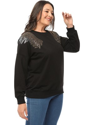 Ebsumu Kadın Büyük Beden Angels Taş Baskılı Siyah Sweatshirt