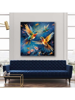 SML Tablo Karşılıklı Uçan Sinek Kuşu Çifti Çiçekler Kare Kanvas Tablo