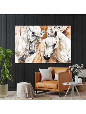 SML Tablo Iki Beyaz Asil At Karizma Hayvan Yatay Kanvas Tablo