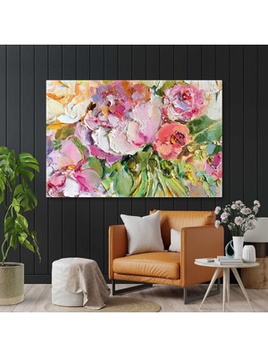 SML Tablo Pembe Çiçek Buketi Fırça Izleri Bitki Yatay Kanvas Tablo