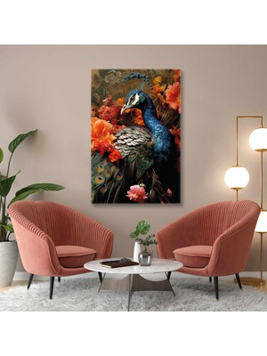 SML Tablo Kırmızı Çiçekler Içinde Mavi Tavus Kuşu Zarif Hayvan Dikey Kanvas Tablo