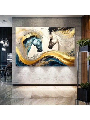 SML Tablo Beyaz ve Mavi At Karşılıklı Gold Dalgalar Yatay Kanvas Tablo