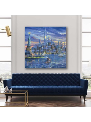 SML Tablo New York Şehir Işıkları Yelkenliler Özgürlük Heykeli Kare Kanvas Tablo