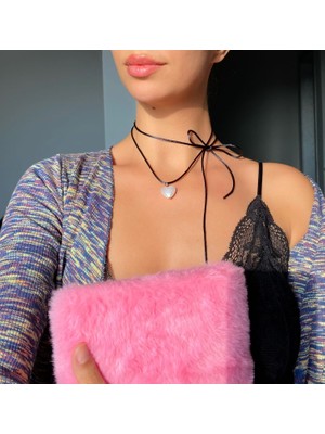 Pinky Lady Siyah Ipli Incili Kalp Choker Kolye