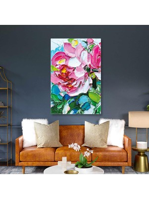SML Tablo Pembe Gül Buketi Fırça Izleri Dekoratif Dikey Kanvas Tablo