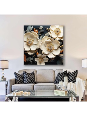 SML Tablo Gold Detaylı Beyaz Çiçekler Dekoratif Kare Kanvas Tablo