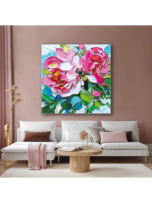 SML Tablo Pembe Gül Buketi Fırça Izleri Dekoratif Kare Kanvas Tablo