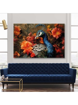 SML Tablo Kırmızı Çiçekler Içinde Mavi Tavus Kuşu Zarif Hayvan Yatay Kanvas Tablo