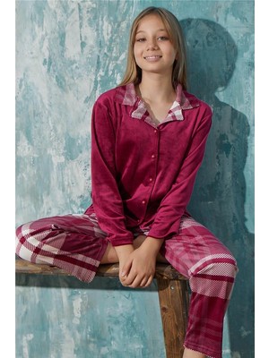 Pijama Evi Bordo Ekose Exclusive Önden Düğmeli Kadife Kız Çocuk Pijama Takımı 