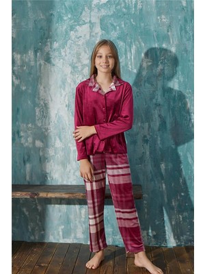 Pijama Evi Bordo Ekose Exclusive Önden Düğmeli Kadife Kız Çocuk Pijama Takımı 