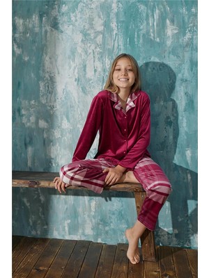 Pijama Evi Bordo Ekose Exclusive Önden Düğmeli Kadife Kız Çocuk Pijama Takımı 