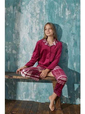 Pijama Evi Bordo Ekose Exclusive Önden Düğmeli Kadife Kız Çocuk Pijama Takımı 