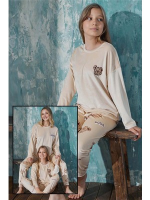 Pijama Evi Kahve Pods Kadife Anne Kız Aile Pijaması - Çocuk Takımı