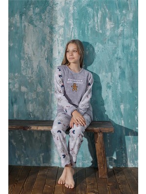 Pijama Evi Gri Wonderland Desenli Kız Çocuk Peluş Pijama Takım