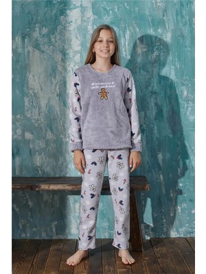 Pijama Evi Gri Wonderland Desenli Kız Çocuk Peluş Pijama Takım