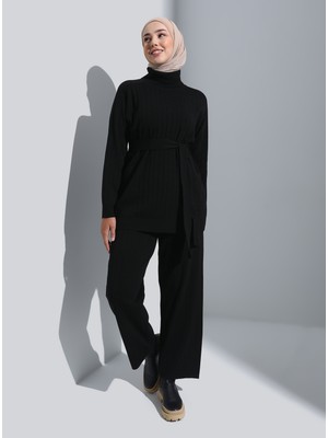Refka Kuşak Detaylı Tunik&pantolon Triko Takım - Siyah- Refka Casual