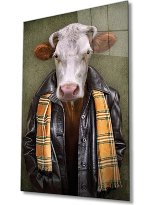 Bay Çağrı Insan Vücutlu Inek Hayvan Portresi Cam Tablo, Ev ve Ofis Duvar Dekoru, Hediyelik Büyük Cam Tablo