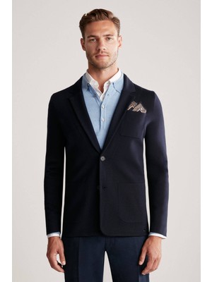 Hemington Lacivert Extrafine Merino Triko Blazer Ceket