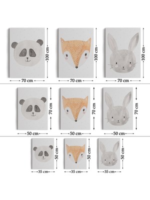 3’lü Tablo Sevimli Hayvanlar Suluboya Görünümlü Dekoratif Tablo Seti-Bü-47