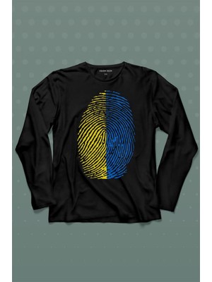 Kendim Seçtim  Sarı Lacivert Parmak Izi Uzun Kollu Tişört Baskılı T-Shirt