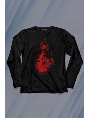 Kendim Seçtim Uzayda El Satürn Halkaları Çizimli Lolipop Hellfire Ateş Uzun Kollu Tişört Baskılı T-Shirt