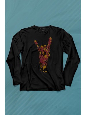 Kendim Seçtim Hey There! Rock Hand Rockstar Urban Uzun Kollu Tişört Baskılı T-Shirt