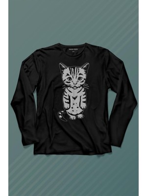 Kendim Seçtim Sevimli Minik Patili Bıyıklı Cat Minnoş Mahçup Üzgün Kedi Uzun Kollu Tişört Baskılı T-Shirt