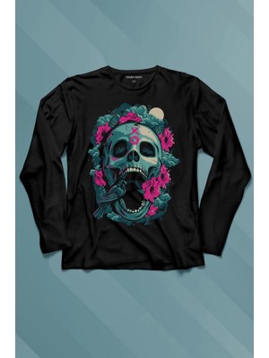 Kendim Seçtim Sugar Skull Skeleton Rose Kuru Kafa Gül Uzun Kollu Tişört Baskılı T-Shirt