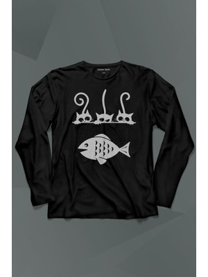 Kendim Seçtim Balık ve 3 Kedi Fish Cats Uzun Kollu Tişört Baskılı T-Shirt