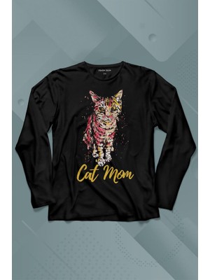 Kendim Seçtim Cat Mom Kedi Mother Annesi Sevimli Masum Renkli Kedi Çizim Silüeti Uzun Kollu Tişört Baskılı T-Shirt